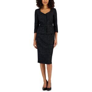New Le Suit Metallic Tweed Belted Jacket & Pencil Skirt Suit - Black Muli 16